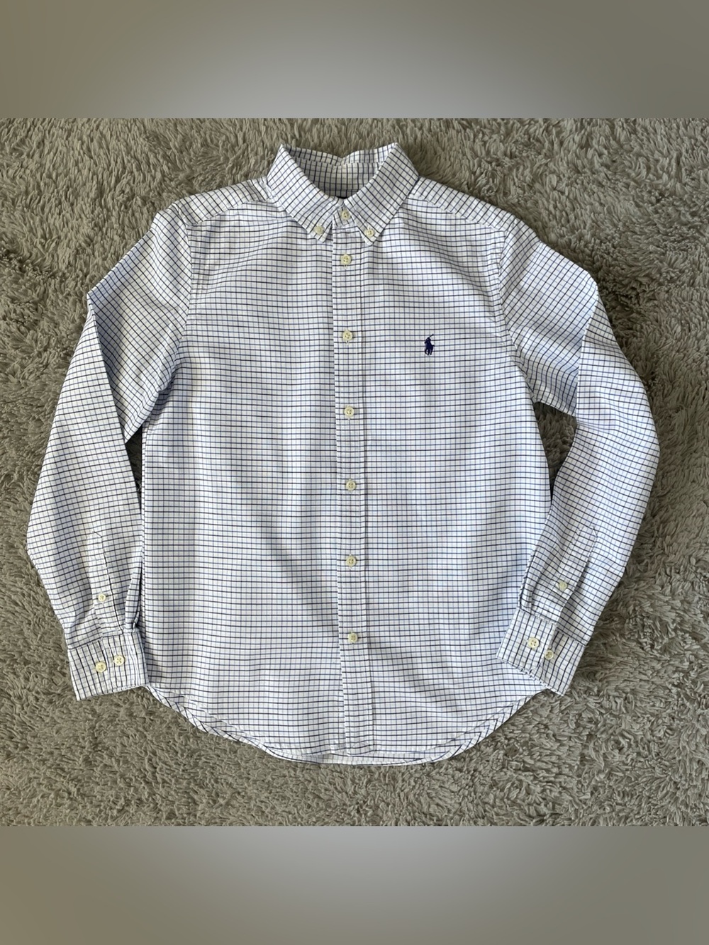 Ralph Lauren Boy's Long Sleeve Button-down Cotton Shirt Size 16 White Blue Check